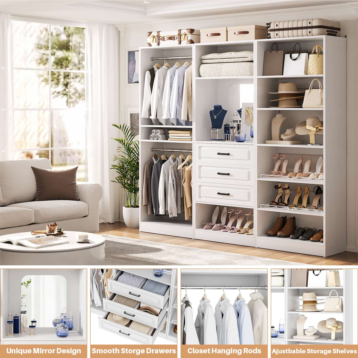 75" Freestanding Closet Organizer System with 3 Drawers, Shoe Rack Tower, Mirror, and 2 Hanging Rods