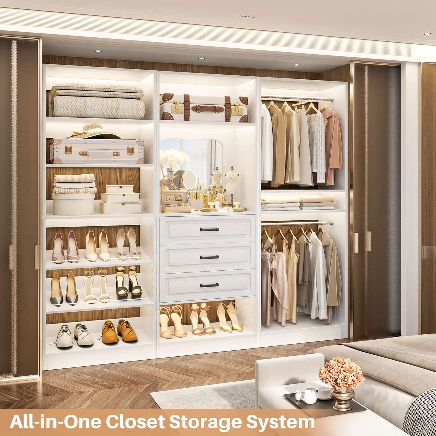 75" Freestanding Closet Organizer System with 3 Drawers, Shoe Rack Tower, Mirror, and 2 Hanging Rods