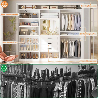75" Freestanding Closet Organizer System with 3 Drawers, Shoe Rack Tower, Mirror, and 2 Hanging Rods