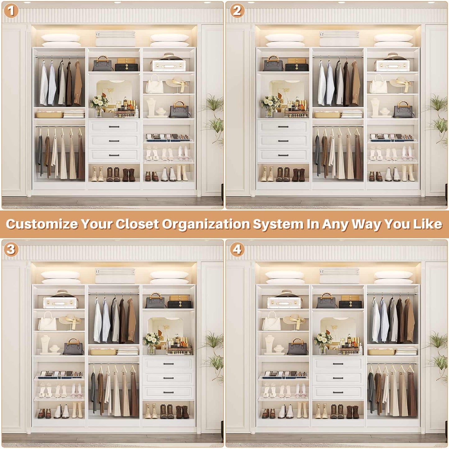 75" Freestanding Closet Organizer System with 3 Drawers, Shoe Rack Tower, Mirror, and 2 Hanging Rods