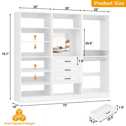 75" Freestanding Closet Organizer System with 3 Drawers, Shoe Rack Tower, Mirror, and 2 Hanging Rods