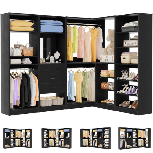 110'' Closet System with 4 Sets, Frestanding Walk-in Closet Organizer Tower with 4 Drawers & Hanging Rods