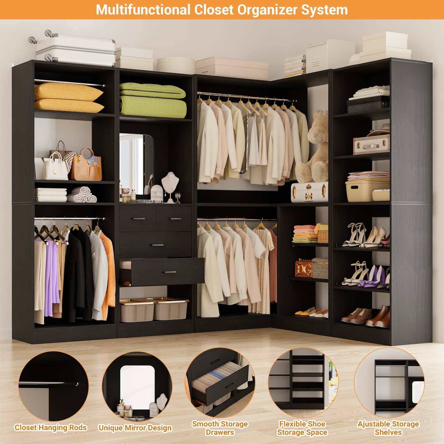 110'' Closet System with 4 Sets, Frestanding Walk-in Closet Organizer Tower with 4 Drawers & Hanging Rods