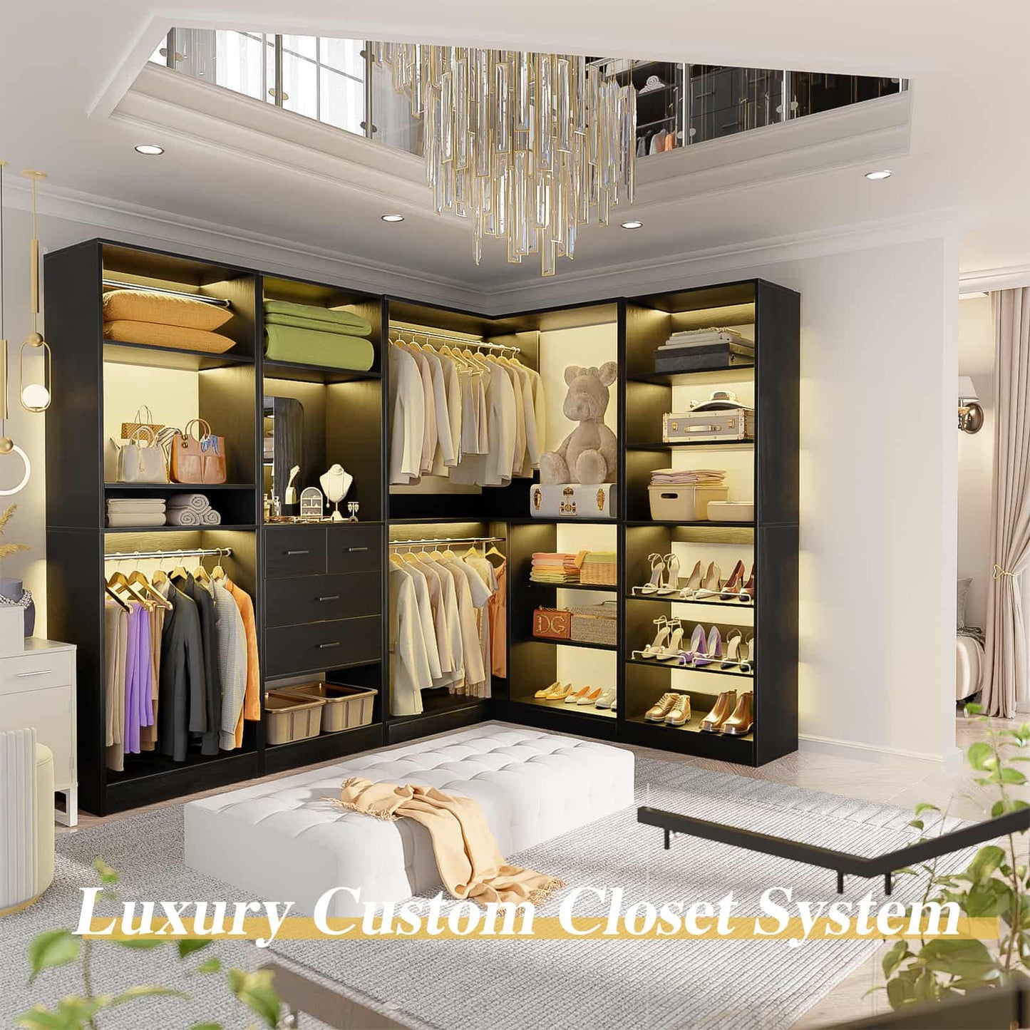 110'' Closet System with 4 Sets, Frestanding Walk-in Closet Organizer Tower with 4 Drawers & Hanging Rods