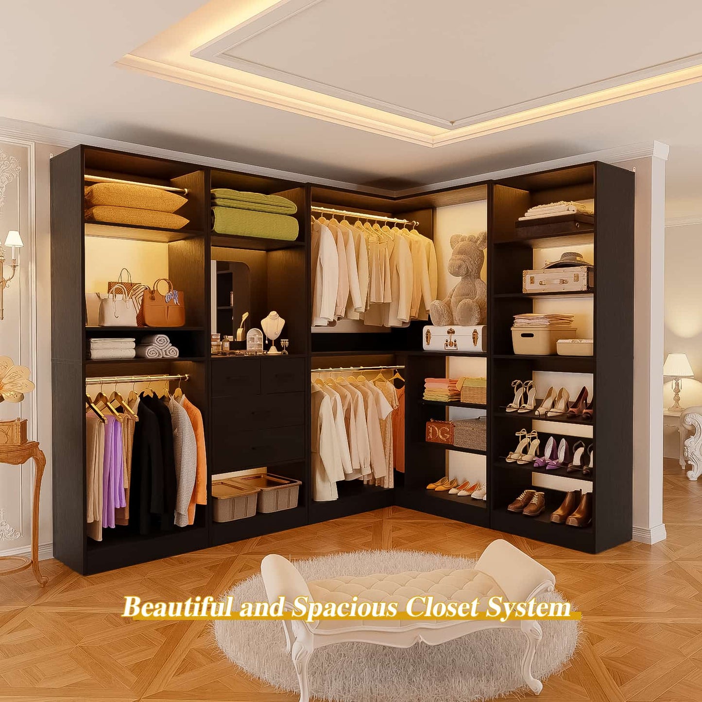 110'' Closet System with 4 Sets, Frestanding Walk-in Closet Organizer Tower with 4 Drawers & Hanging Rods