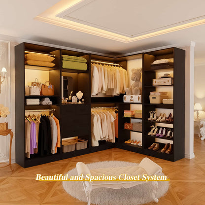 110'' Closet System with 4 Sets, Frestanding Walk-in Closet Organizer Tower with 4 Drawers & Hanging Rods