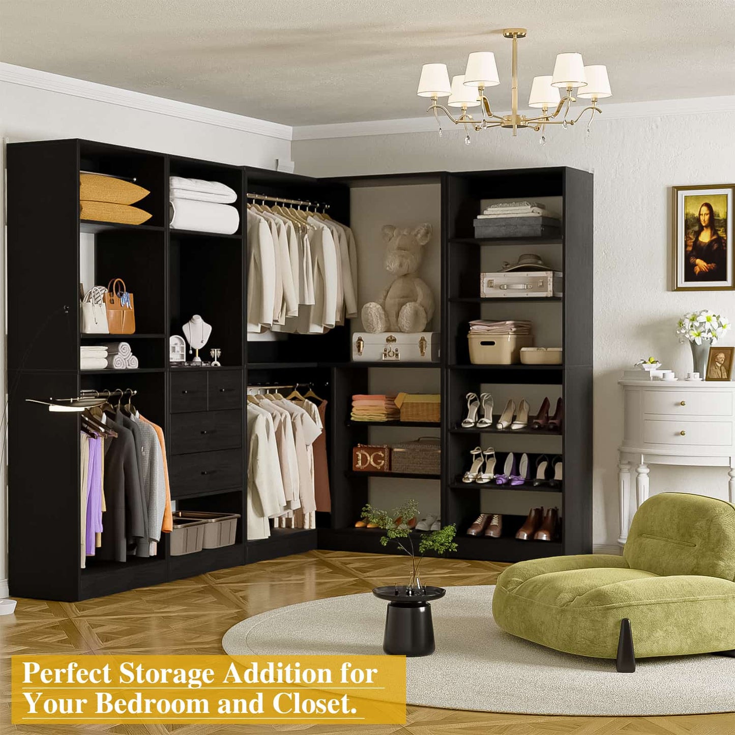 110'' Closet System with 4 Sets, Frestanding Walk-in Closet Organizer Tower with 4 Drawers & Hanging Rods