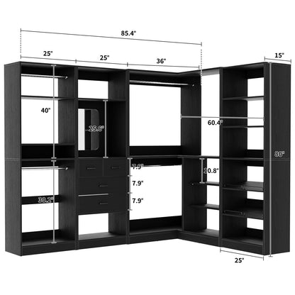 110'' Closet System with 4 Sets, Frestanding Walk-in Closet Organizer Tower with 4 Drawers & Hanging Rods