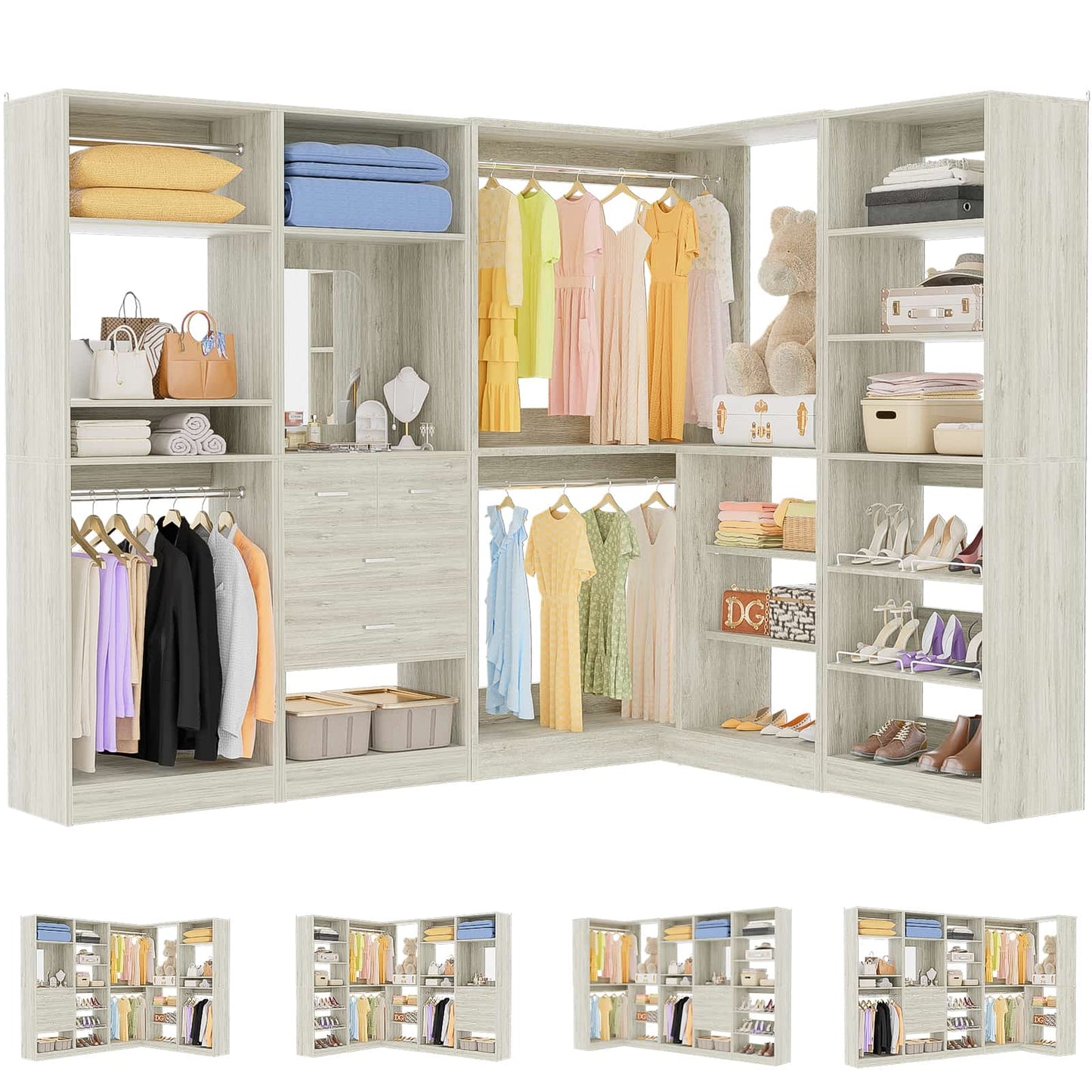 110'' Closet System with 4 Sets, Frestanding Walk-in Closet Organizer Tower with 4 Drawers & Hanging Rods