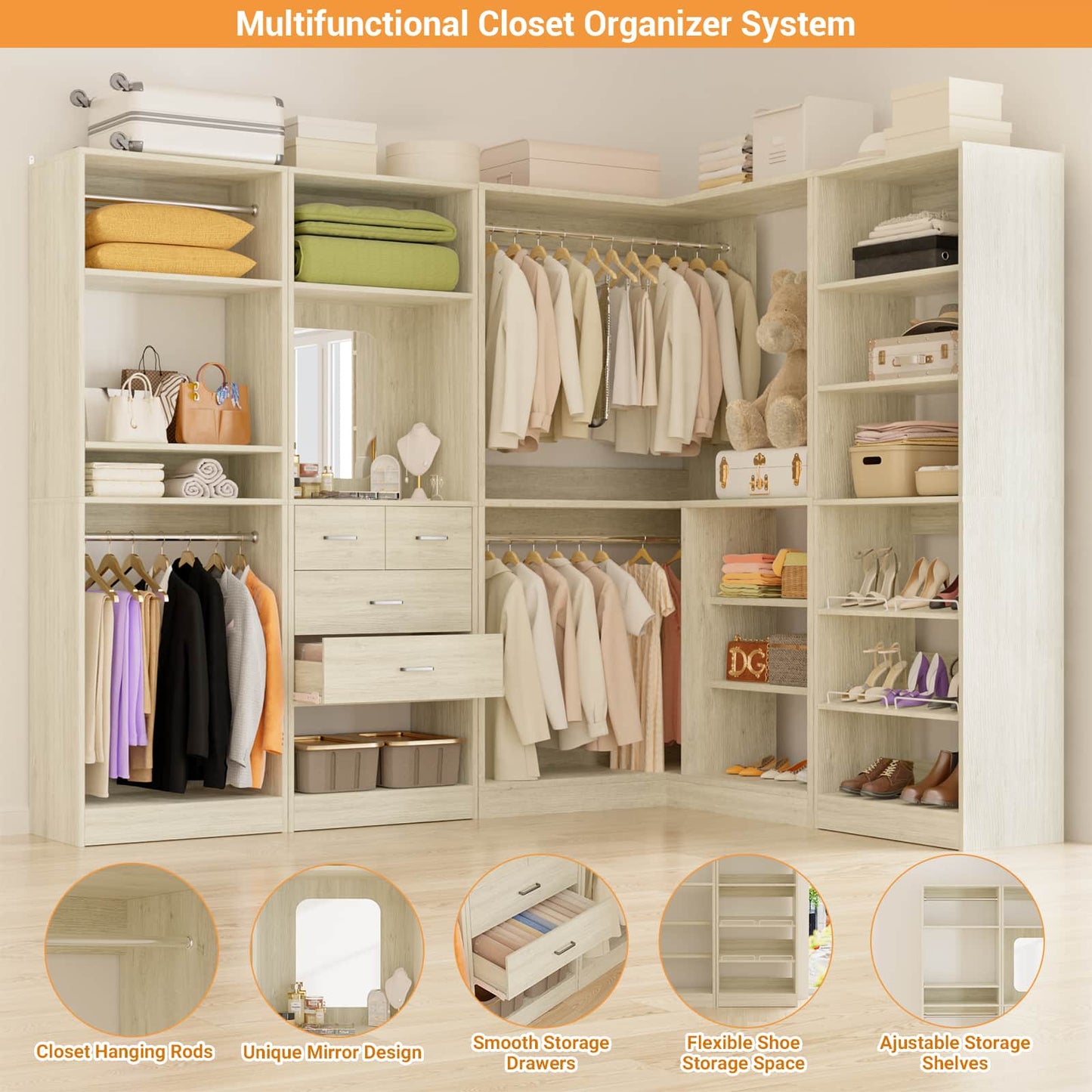 110'' Closet System with 4 Sets, Frestanding Walk-in Closet Organizer Tower with 4 Drawers & Hanging Rods