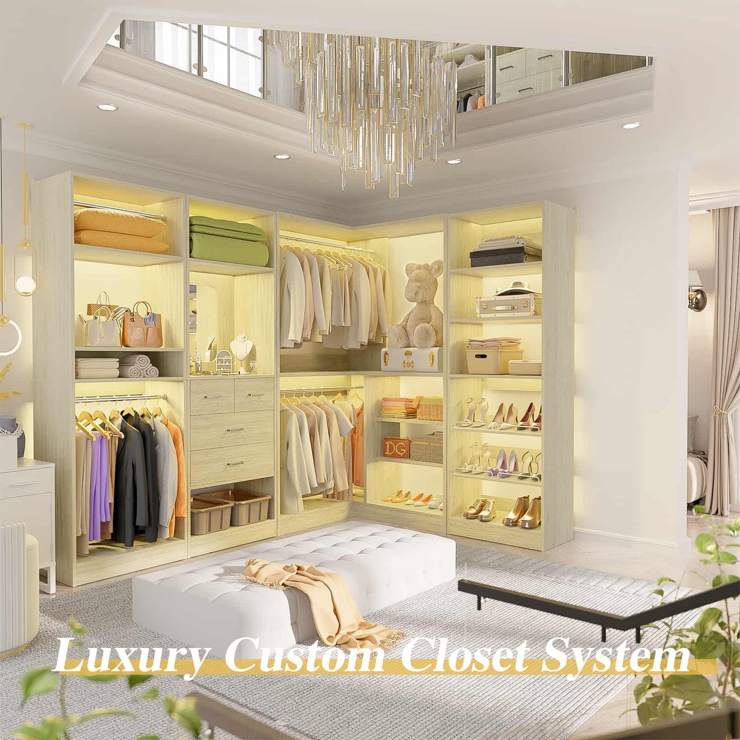 110'' Closet System with 4 Sets, Frestanding Walk-in Closet Organizer Tower with 4 Drawers & Hanging Rods