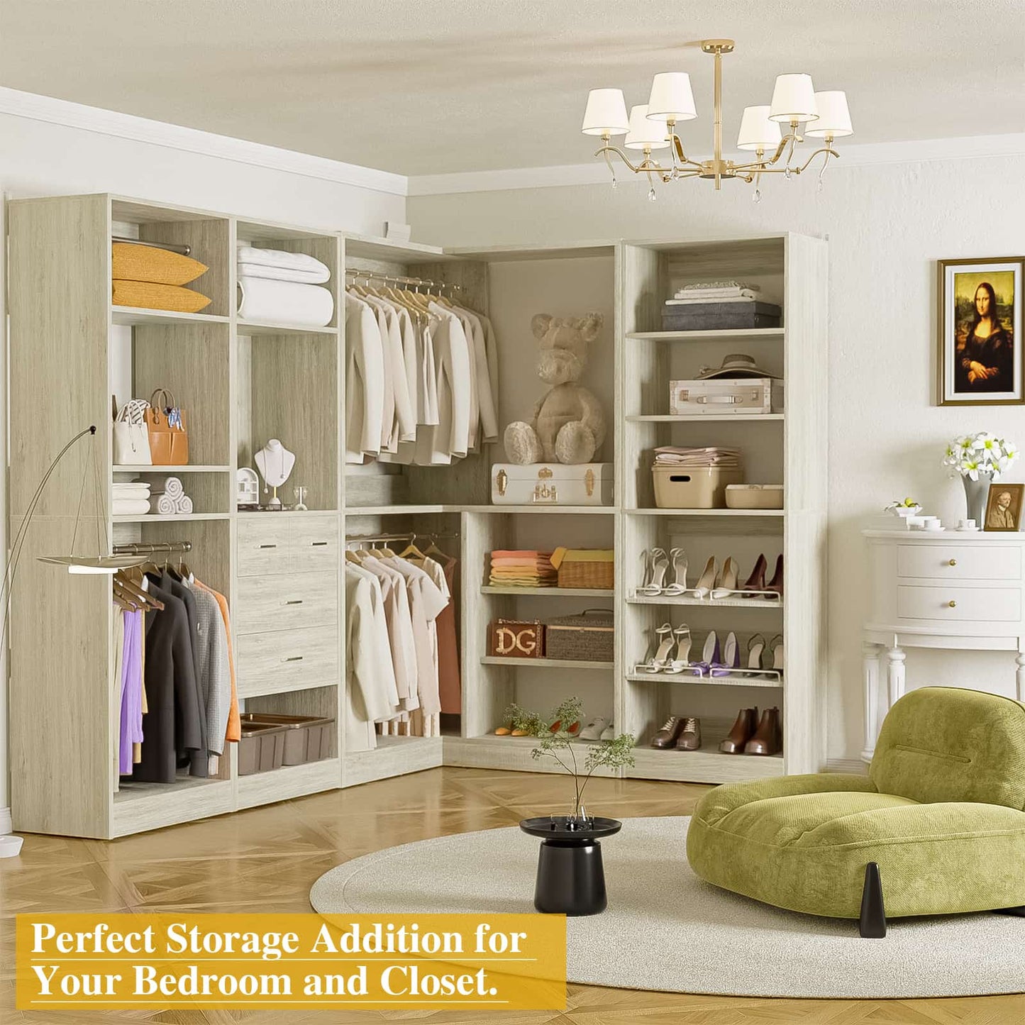 110'' Closet System with 4 Sets, Frestanding Walk-in Closet Organizer Tower with 4 Drawers & Hanging Rods