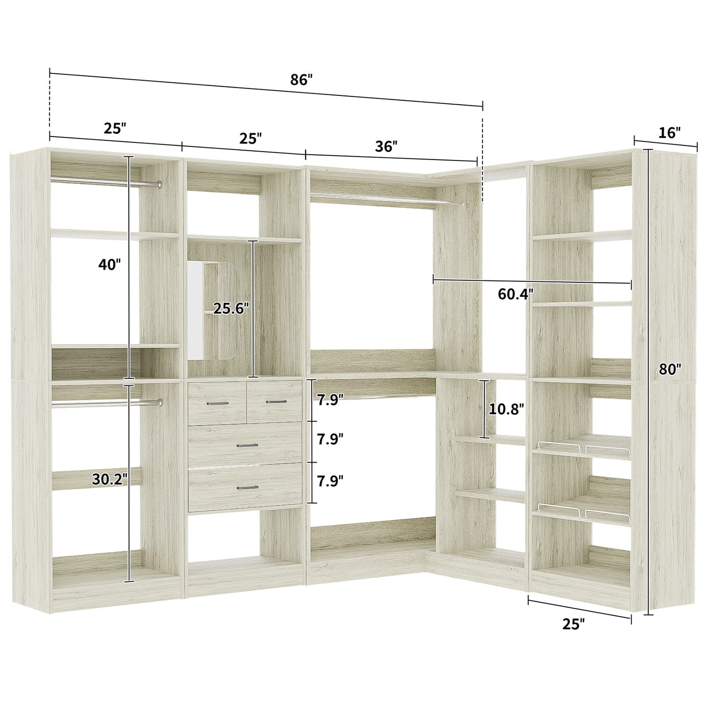 110'' Closet System with 4 Sets, Frestanding Walk-in Closet Organizer Tower with 4 Drawers & Hanging Rods