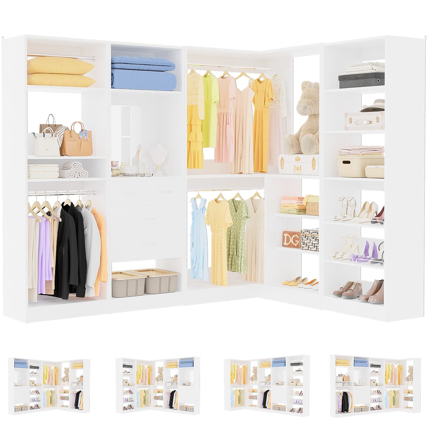 110'' Closet System with 4 Sets, Frestanding Walk-in Closet Organizer Tower with 4 Drawers & Hanging Rods