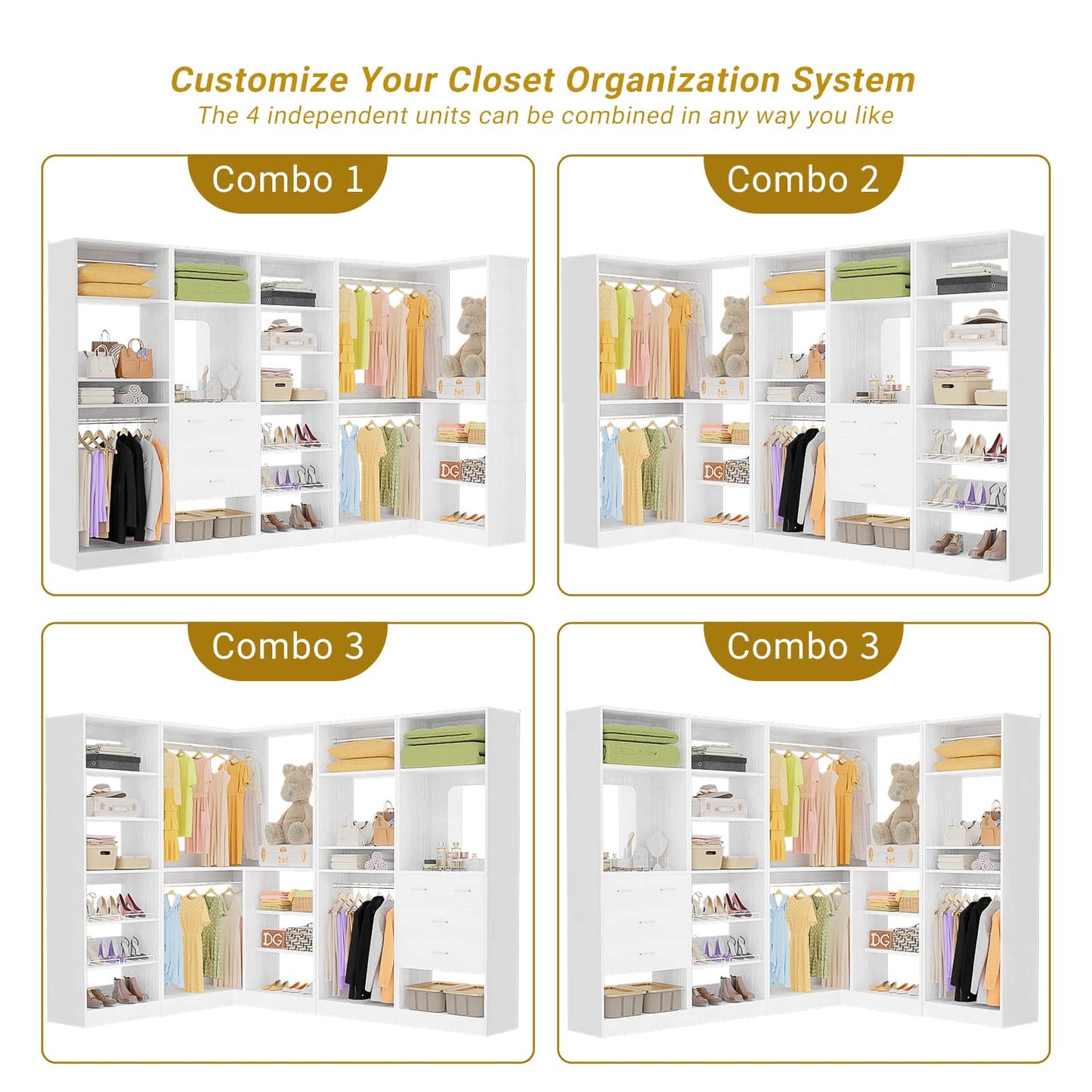 110'' Closet System with 4 Sets, Frestanding Walk-in Closet Organizer Tower with 4 Drawers & Hanging Rods