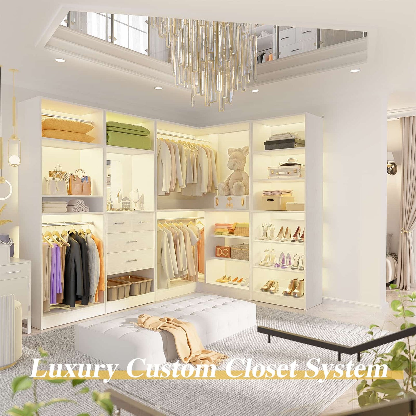 110'' Closet System with 4 Sets, Frestanding Walk-in Closet Organizer Tower with 4 Drawers & Hanging Rods