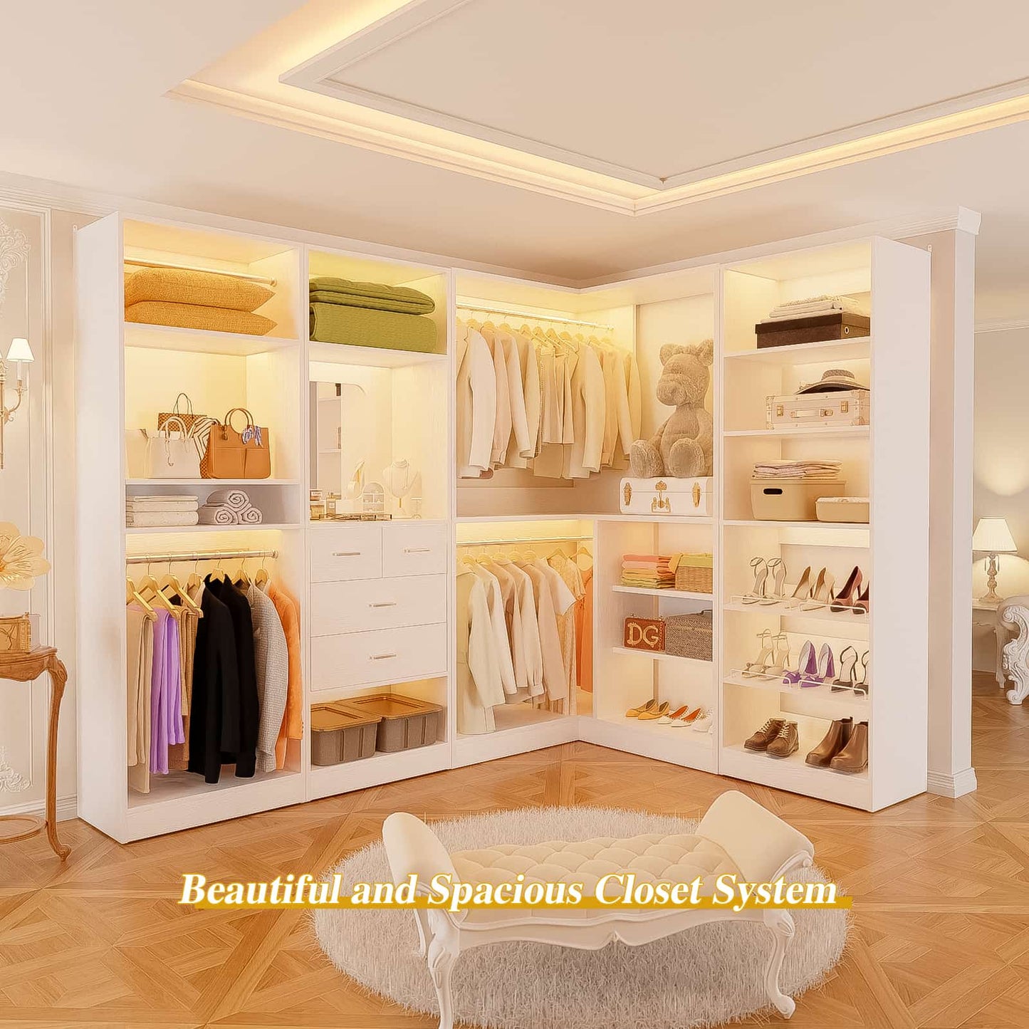 110'' Closet System with 4 Sets, Frestanding Walk-in Closet Organizer Tower with 4 Drawers & Hanging Rods