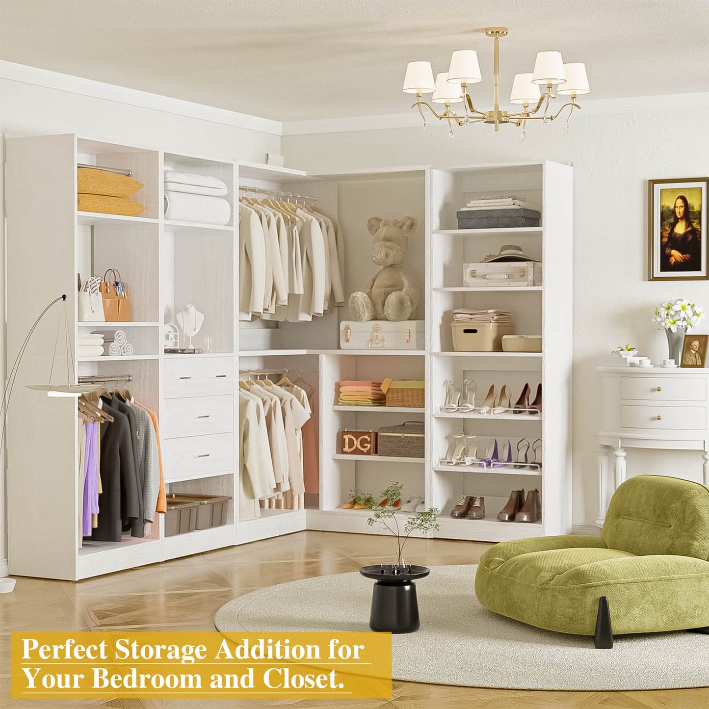110'' Closet System with 4 Sets, Frestanding Walk-in Closet Organizer Tower with 4 Drawers & Hanging Rods