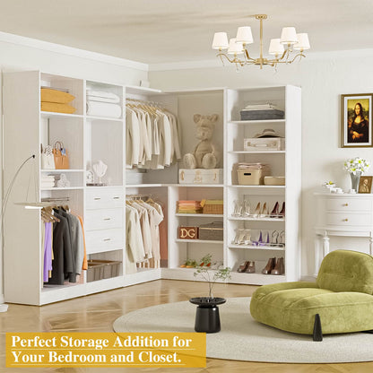 110'' Closet System with 4 Sets, Frestanding Walk-in Closet Organizer Tower with 4 Drawers & Hanging Rods