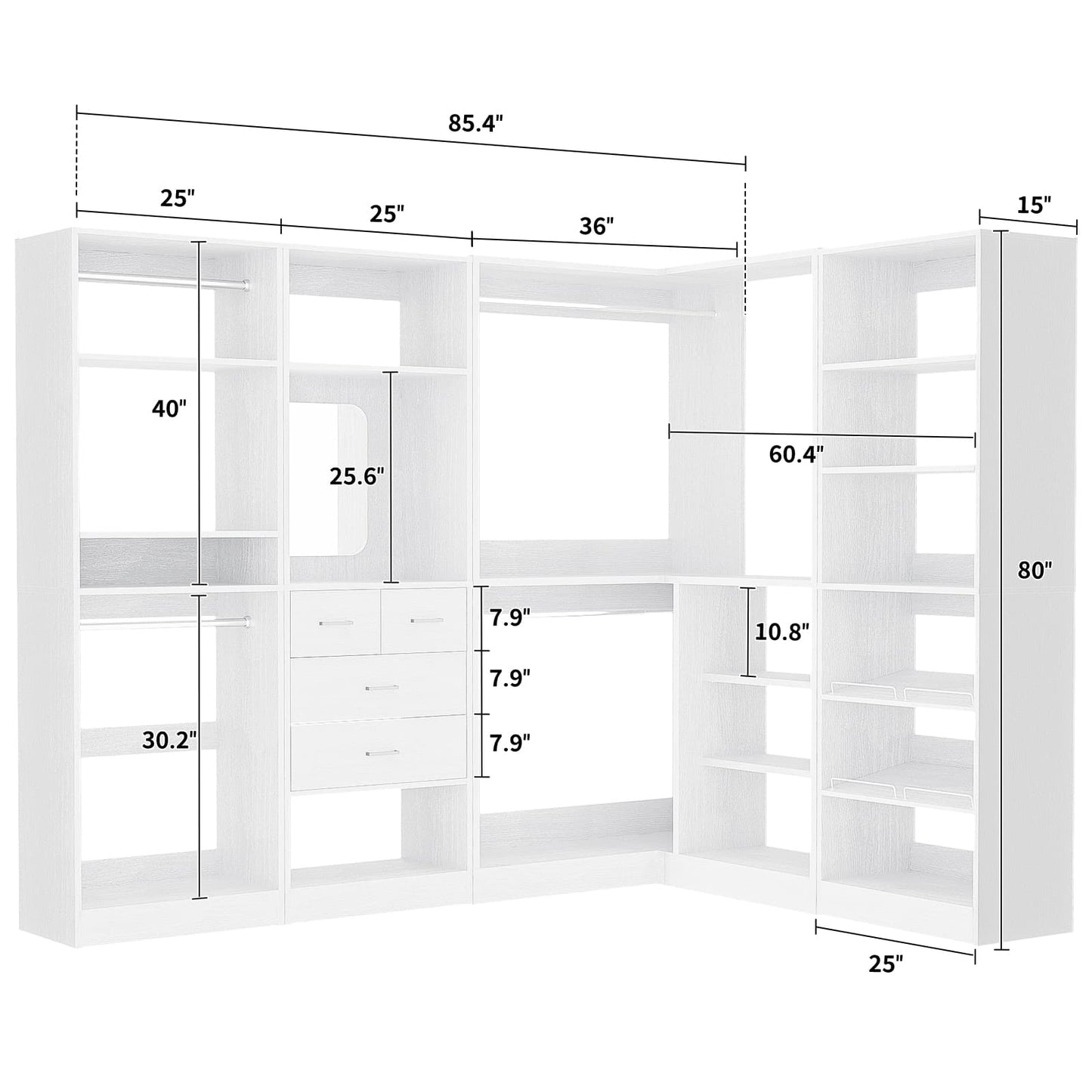 110'' Closet System with 4 Sets, Frestanding Walk-in Closet Organizer Tower with 4 Drawers & Hanging Rods