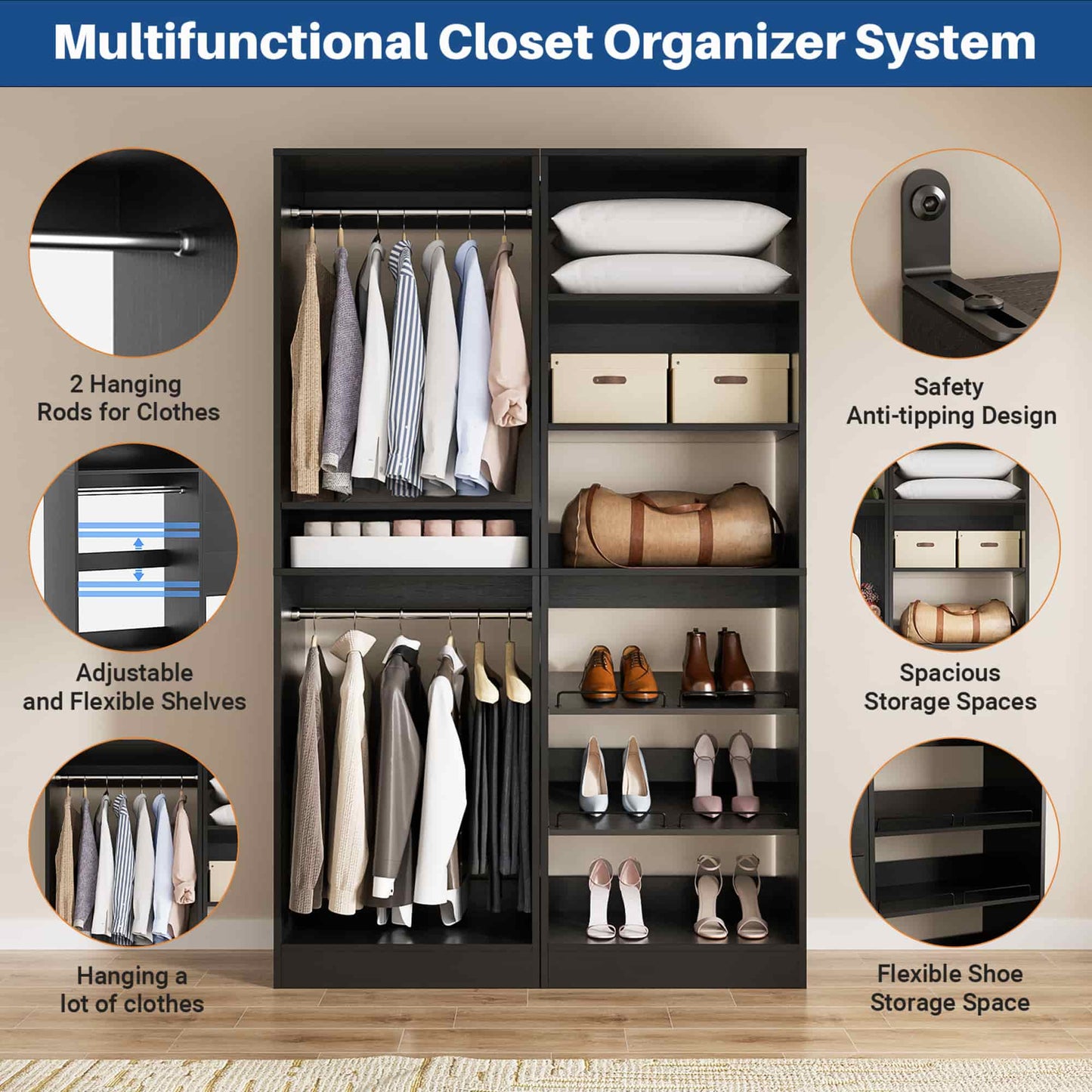 50" Walk-in Closet System 2 Sets with Hanging Rods & Adjustable Shelves