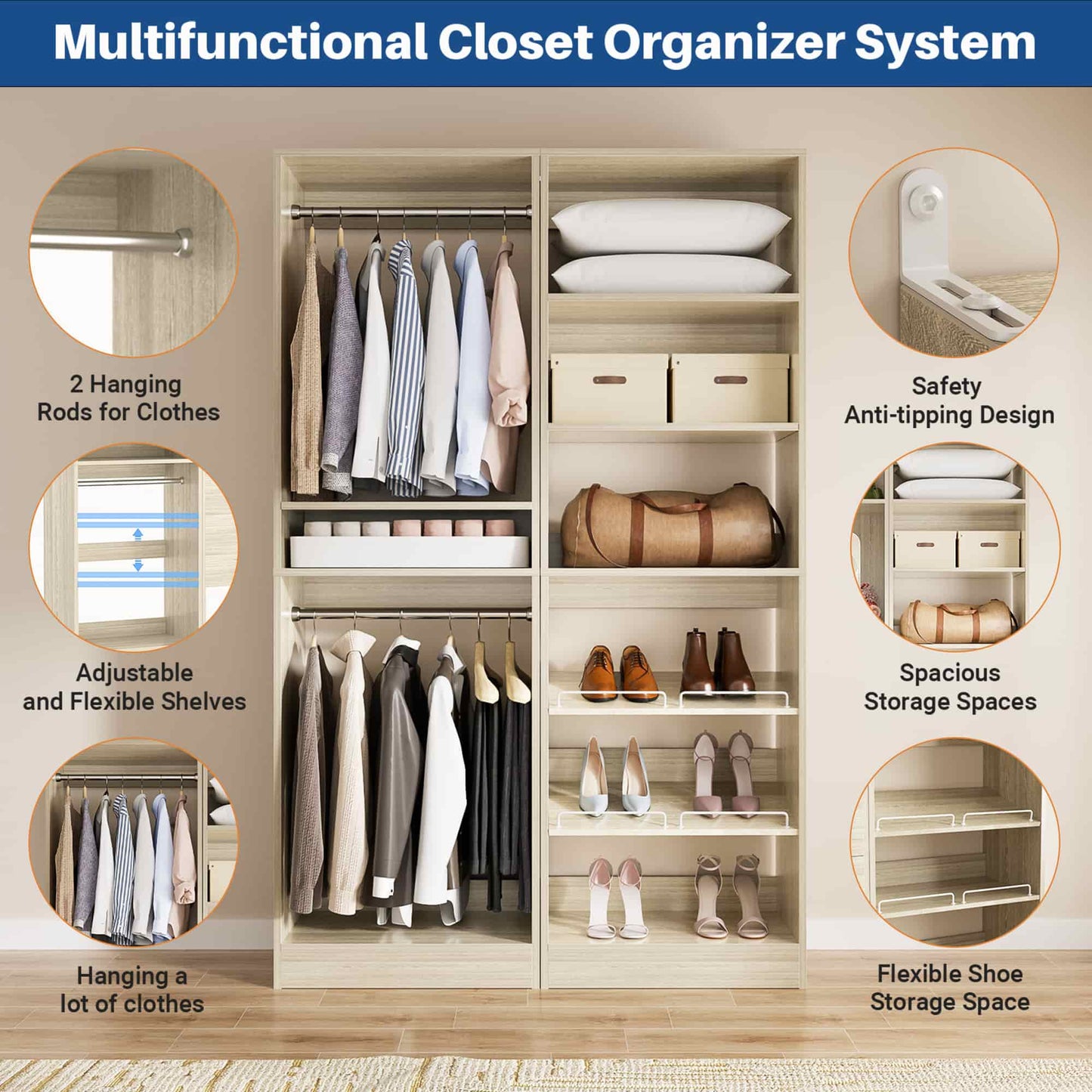 50" Walk-in Closet System 2 Sets with Hanging Rods & Adjustable Shelves