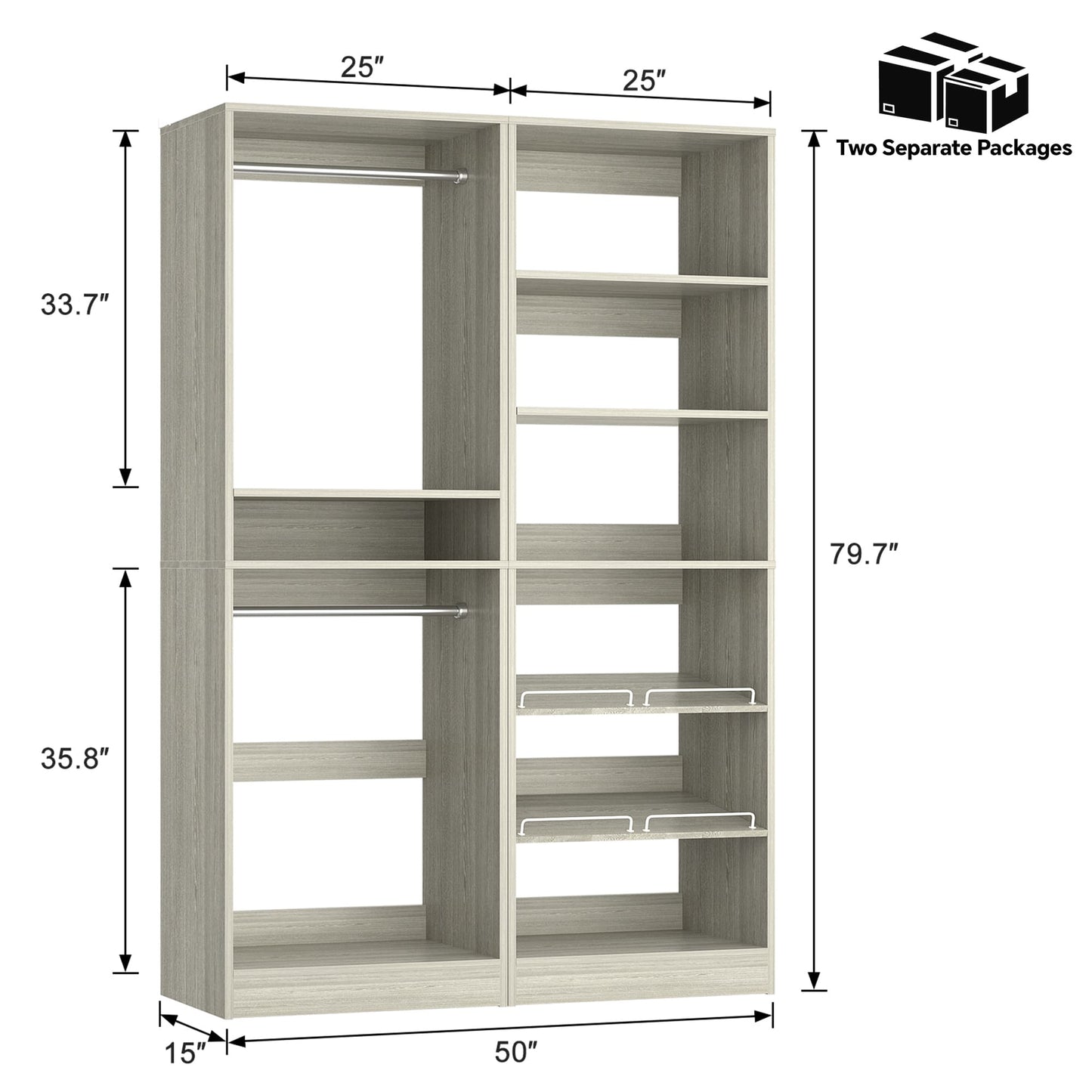 50" Walk-in Closet System 2 Sets with Hanging Rods & Adjustable Shelves