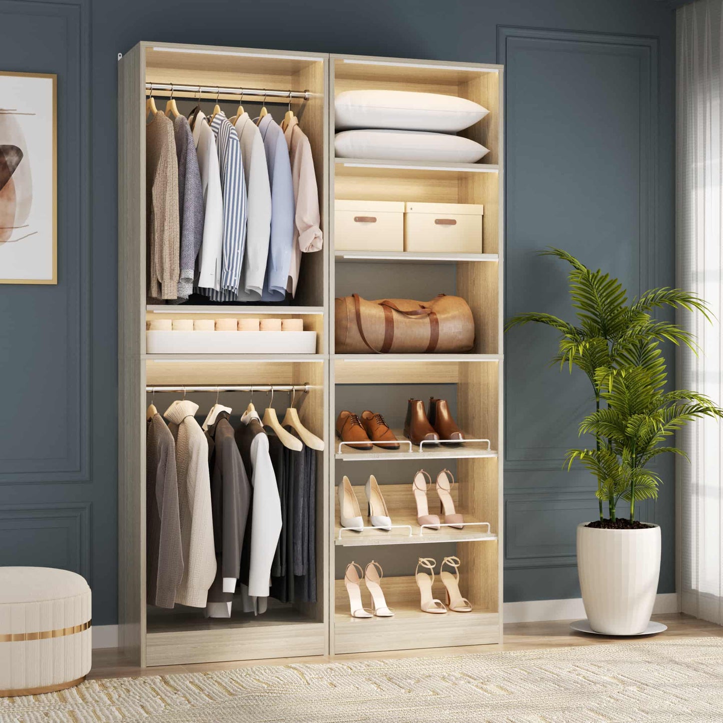 50" Walk-in Closet System 2 Sets with Hanging Rods & Adjustable Shelves