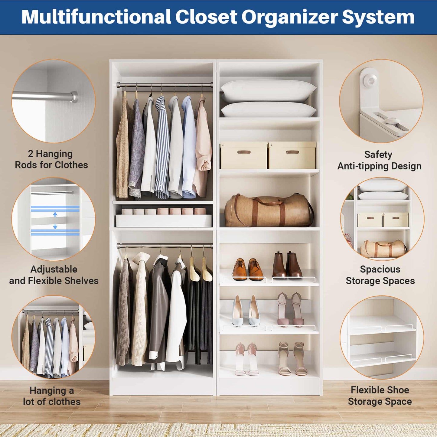 50" Walk-in Closet System 2 Sets with Hanging Rods & Adjustable Shelves