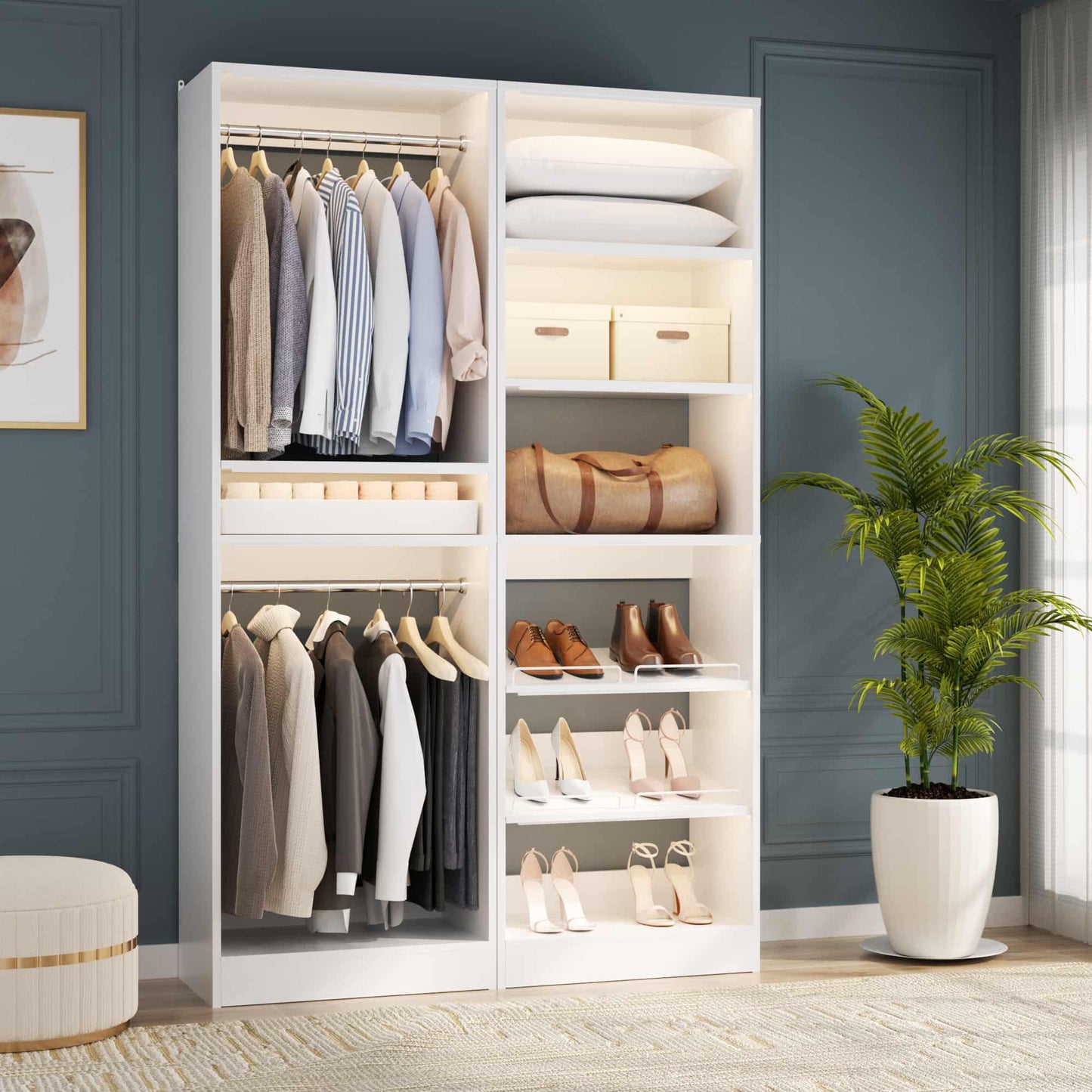 50" Walk-in Closet System 2 Sets with Hanging Rods & Adjustable Shelves