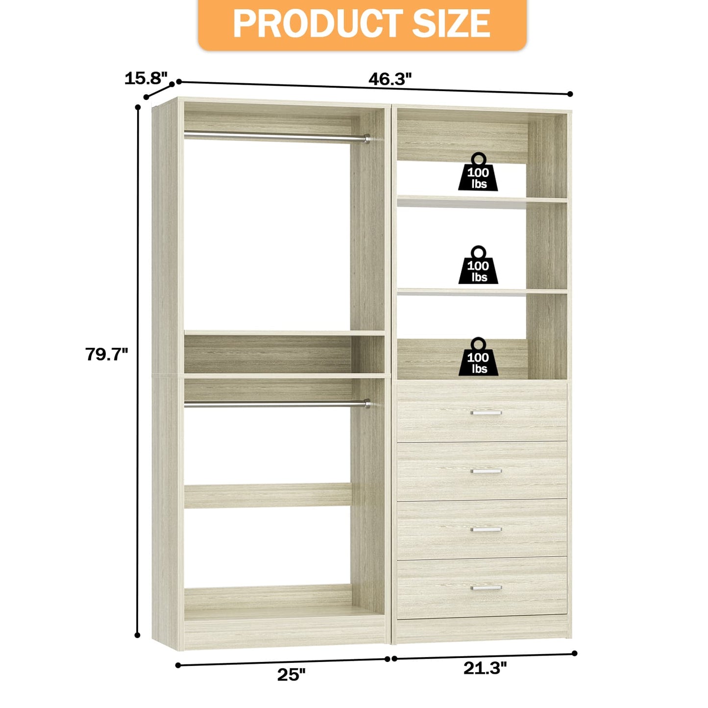 46.3''W 2-Piece Closet System with Drawers