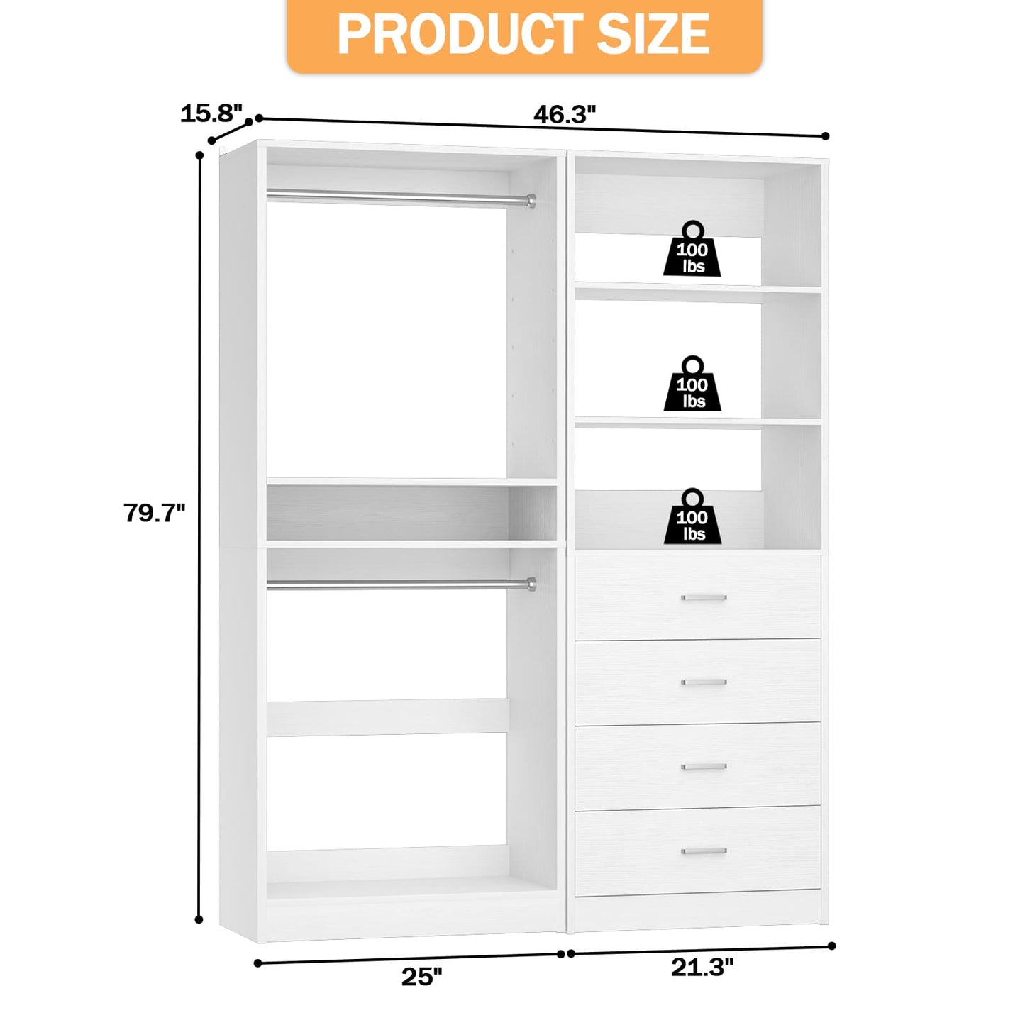 46.3''W 2-Piece Closet System with Drawers