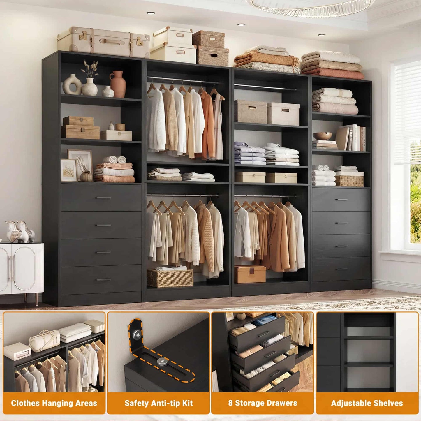 92.6" Closet System with 8 Drawers and 4 Hanging Rods, 4-Piece Set