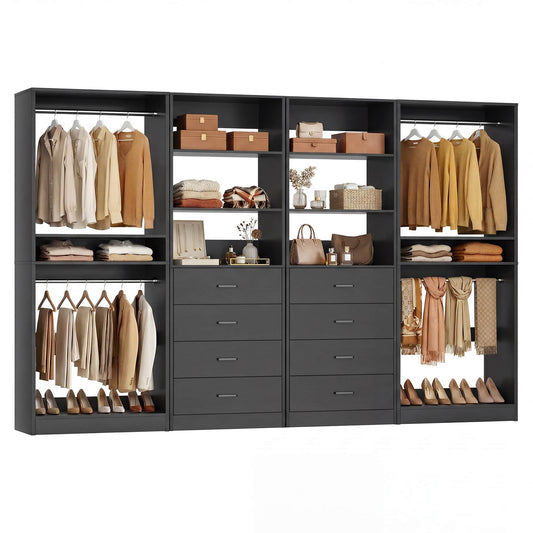 92.6" Closet System with 8 Drawers and 4 Hanging Rods, 4-Piece Set