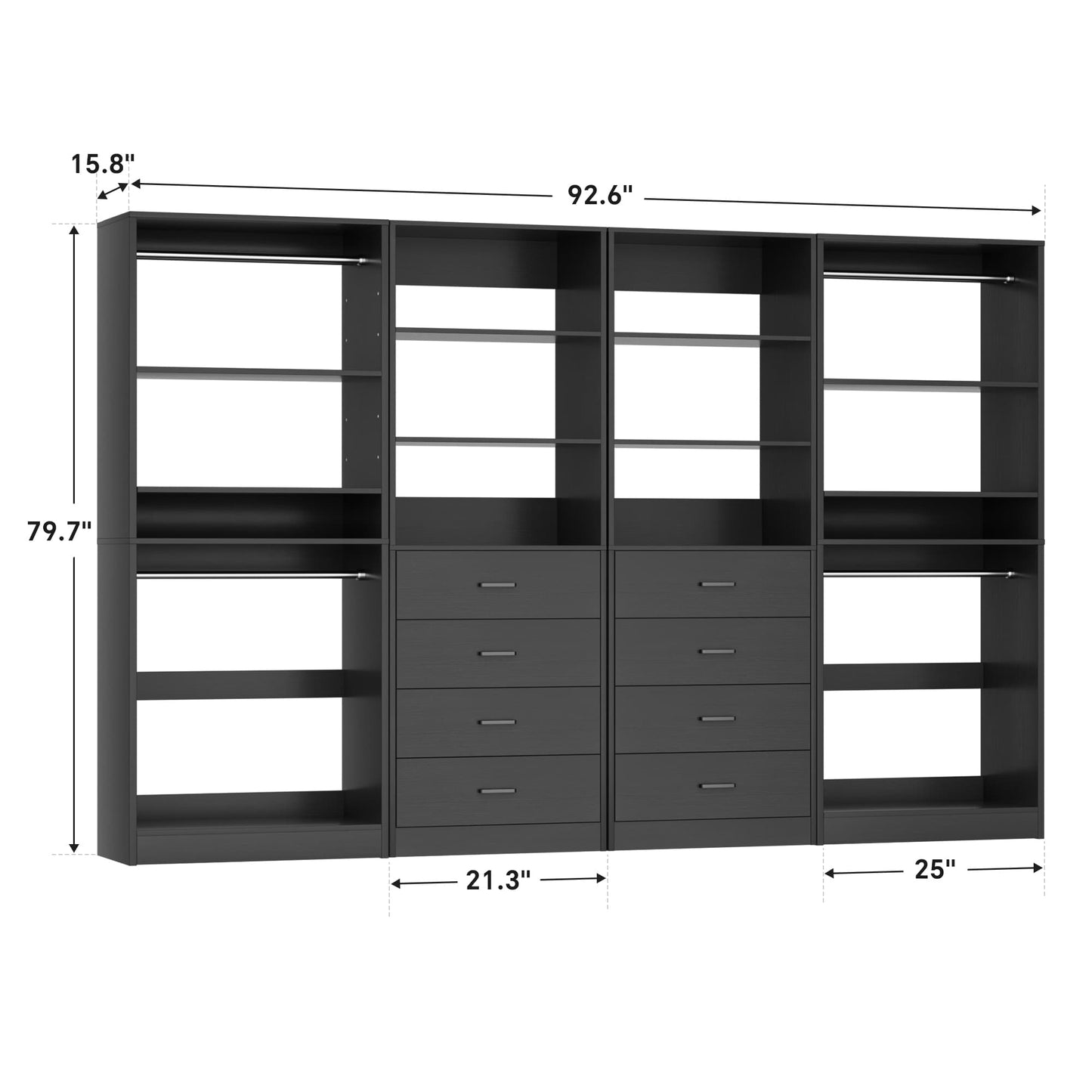 92.6" Closet System with 8 Drawers and 4 Hanging Rods, 4-Piece Set