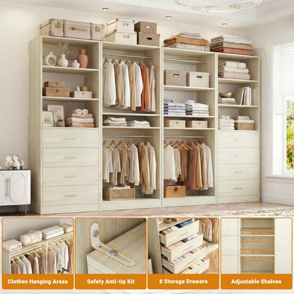 92.6" Closet System with 8 Drawers and 4 Hanging Rods, 4-Piece Set