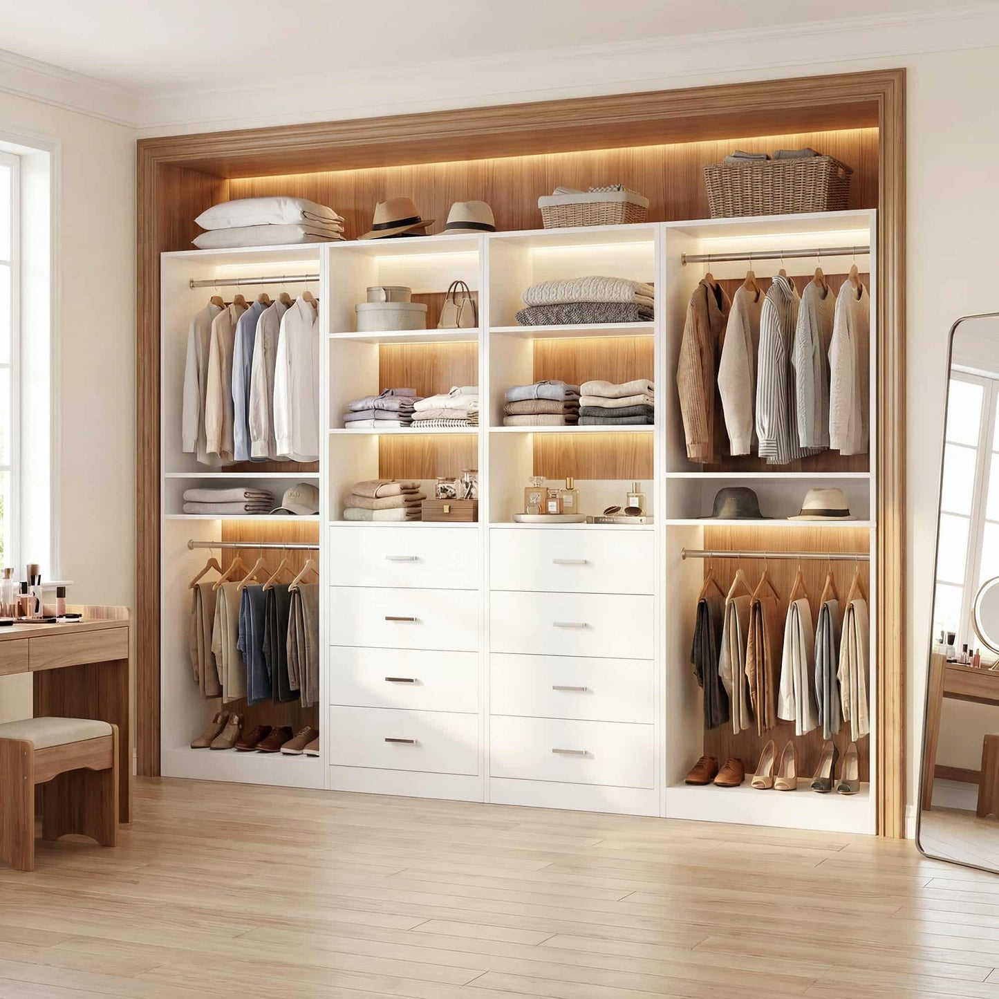 92.6" Closet System with 8 Drawers and 4 Hanging Rods, 4-Piece Set