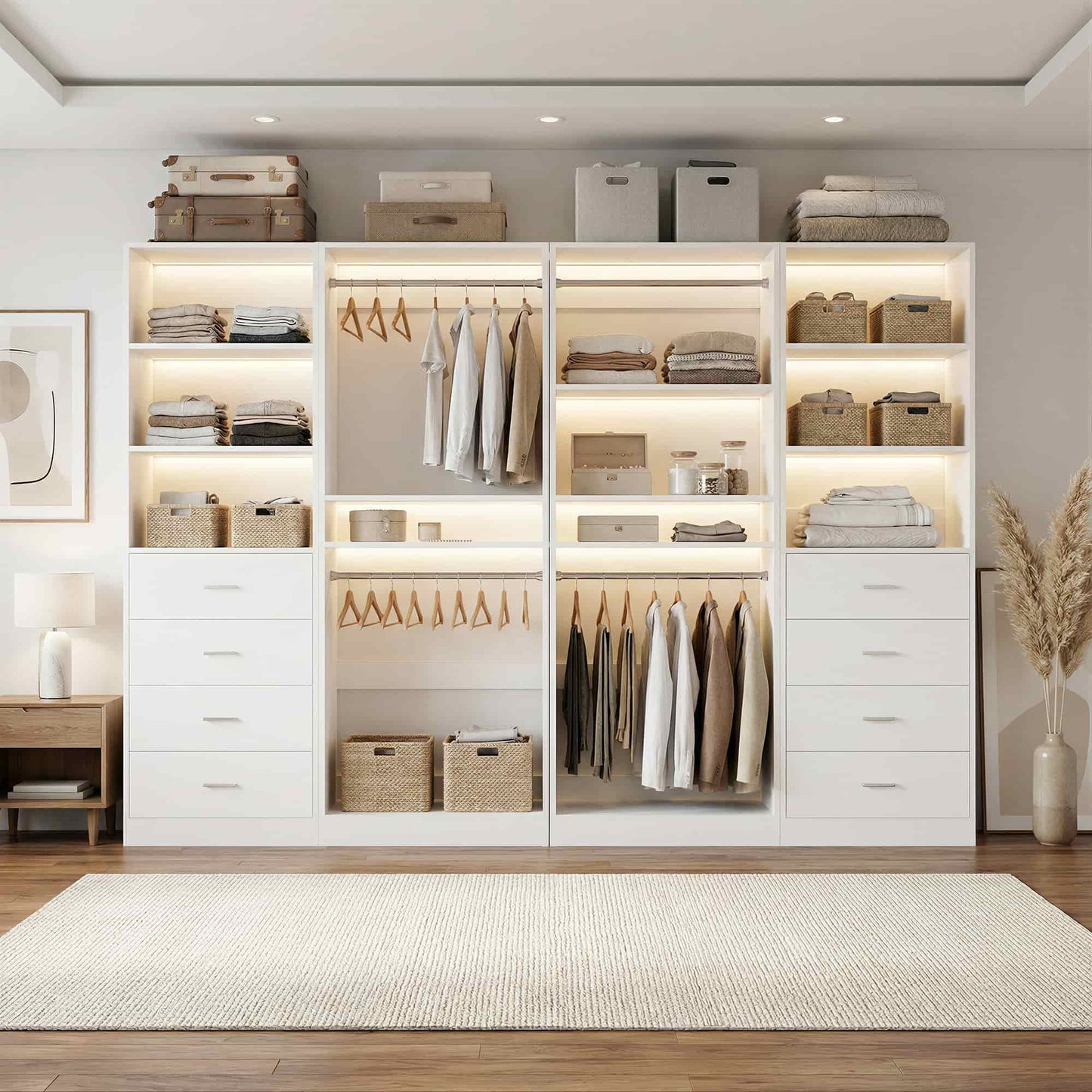 92.6" Closet System with 8 Drawers and 4 Hanging Rods, 4-Piece Set