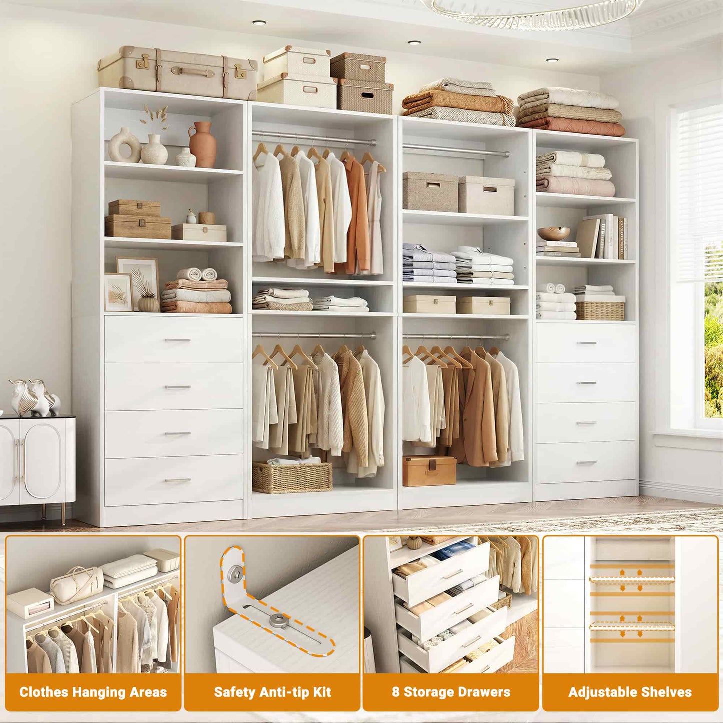 92.6" Closet System with 8 Drawers and 4 Hanging Rods, 4-Piece Set