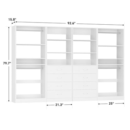 92.6" Closet System with 8 Drawers and 4 Hanging Rods, 4-Piece Set
