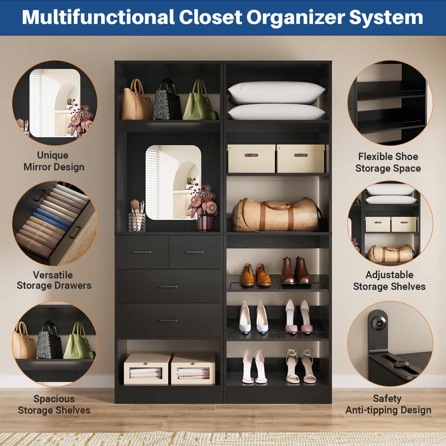 50'' Closet System with 4 Drawers & Adjustable Shelves
