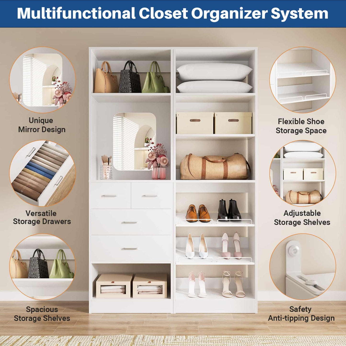 50'' Closet System with 4 Drawers & Adjustable Shelves