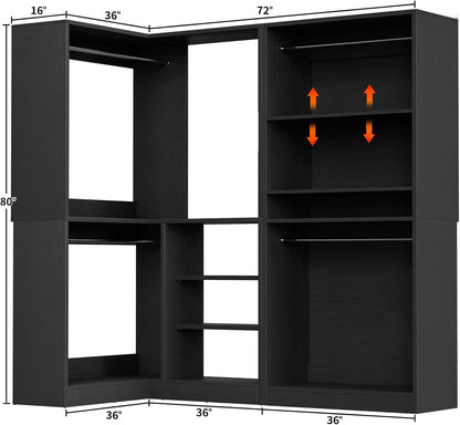 Corner Closet Organizer 2-Piece Set, 72''L x 36''W L Shaped Closet System with 4 Hanging Rods and Storage Shelves