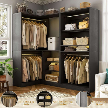 Corner Closet Organizer 2-Piece Set, 72''L x 36''W L Shaped Closet System with 4 Hanging Rods and Storage Shelves