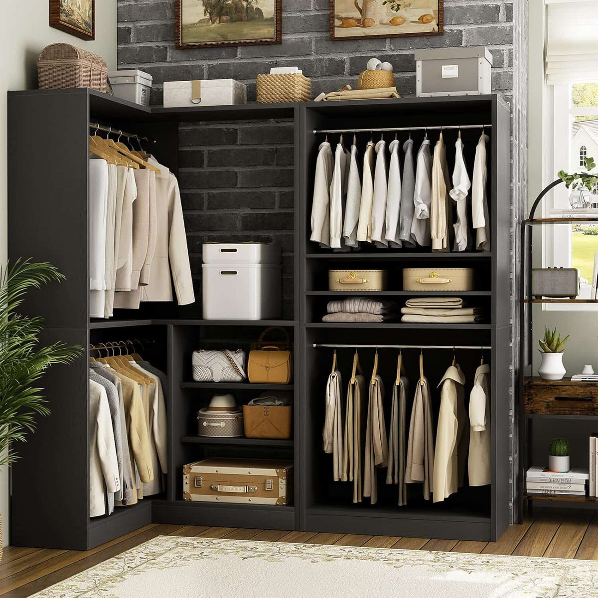Corner Closet Organizer 2-Piece Set, 72''L x 36''W L Shaped Closet System with 4 Hanging Rods and Storage Shelves