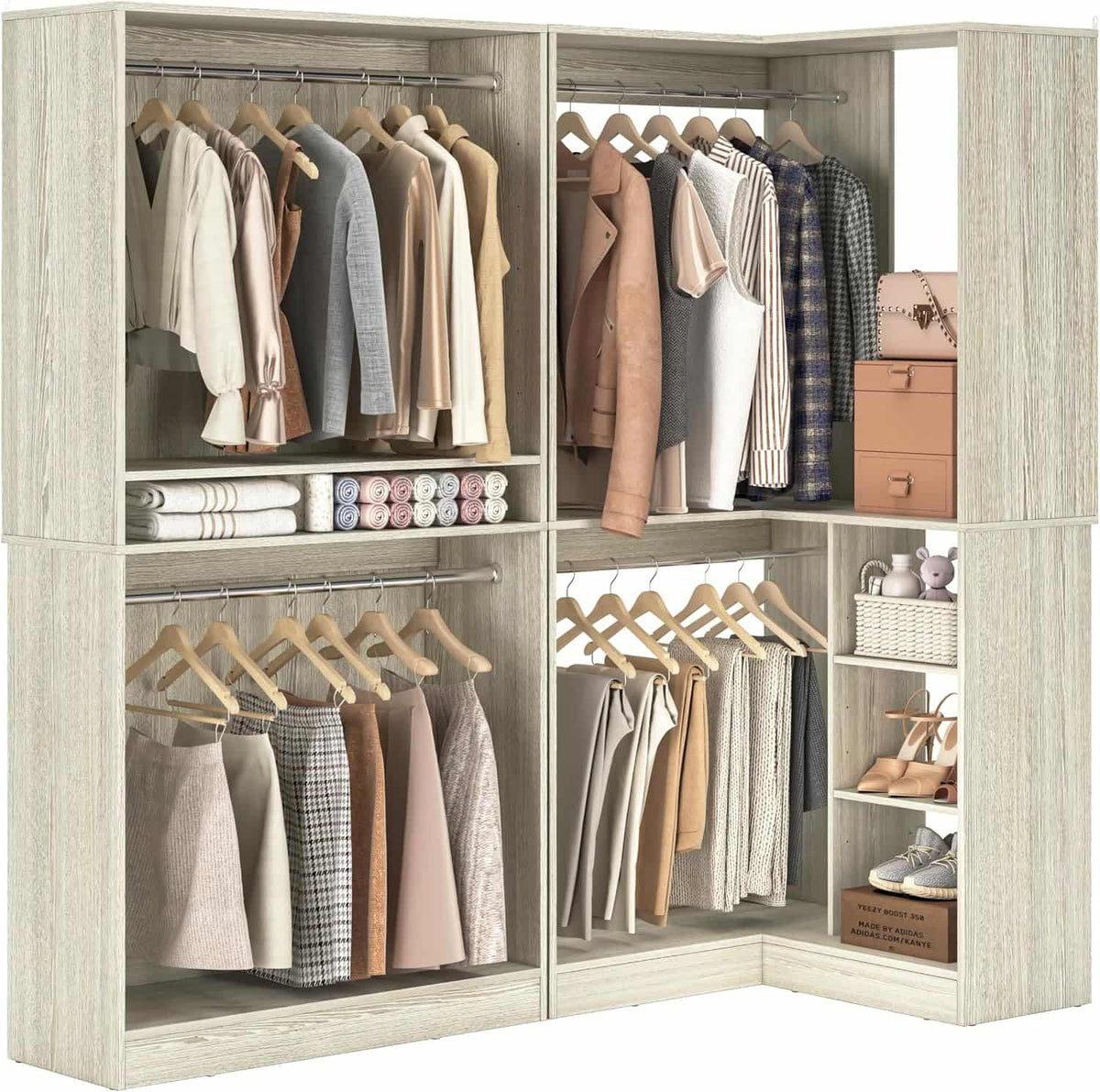 Corner Closet Organizer 2-Piece Set, 72''L x 36''W L Shaped Closet System with 4 Hanging Rods and Storage Shelves