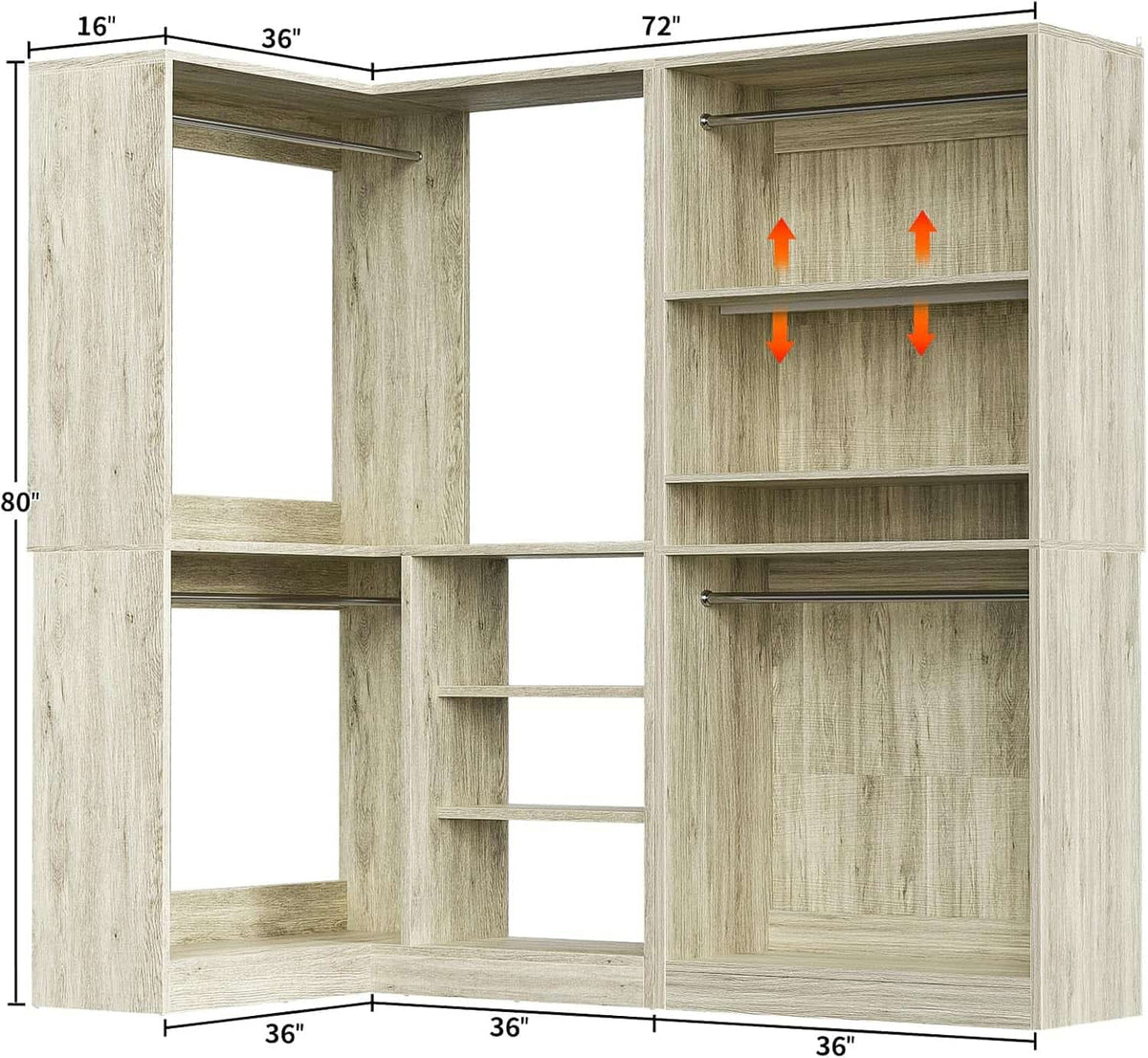 Corner Closet Organizer 2-Piece Set, 72''L x 36''W L Shaped Closet System with 4 Hanging Rods and Storage Shelves