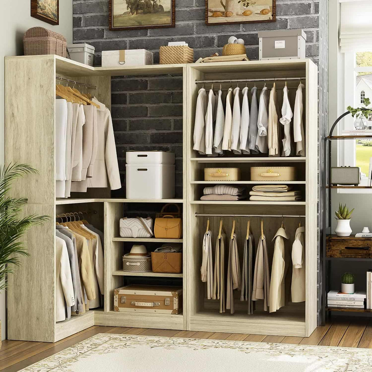 Corner Closet Organizer 2-Piece Set, 72''L x 36''W L Shaped Closet System with 4 Hanging Rods and Storage Shelves