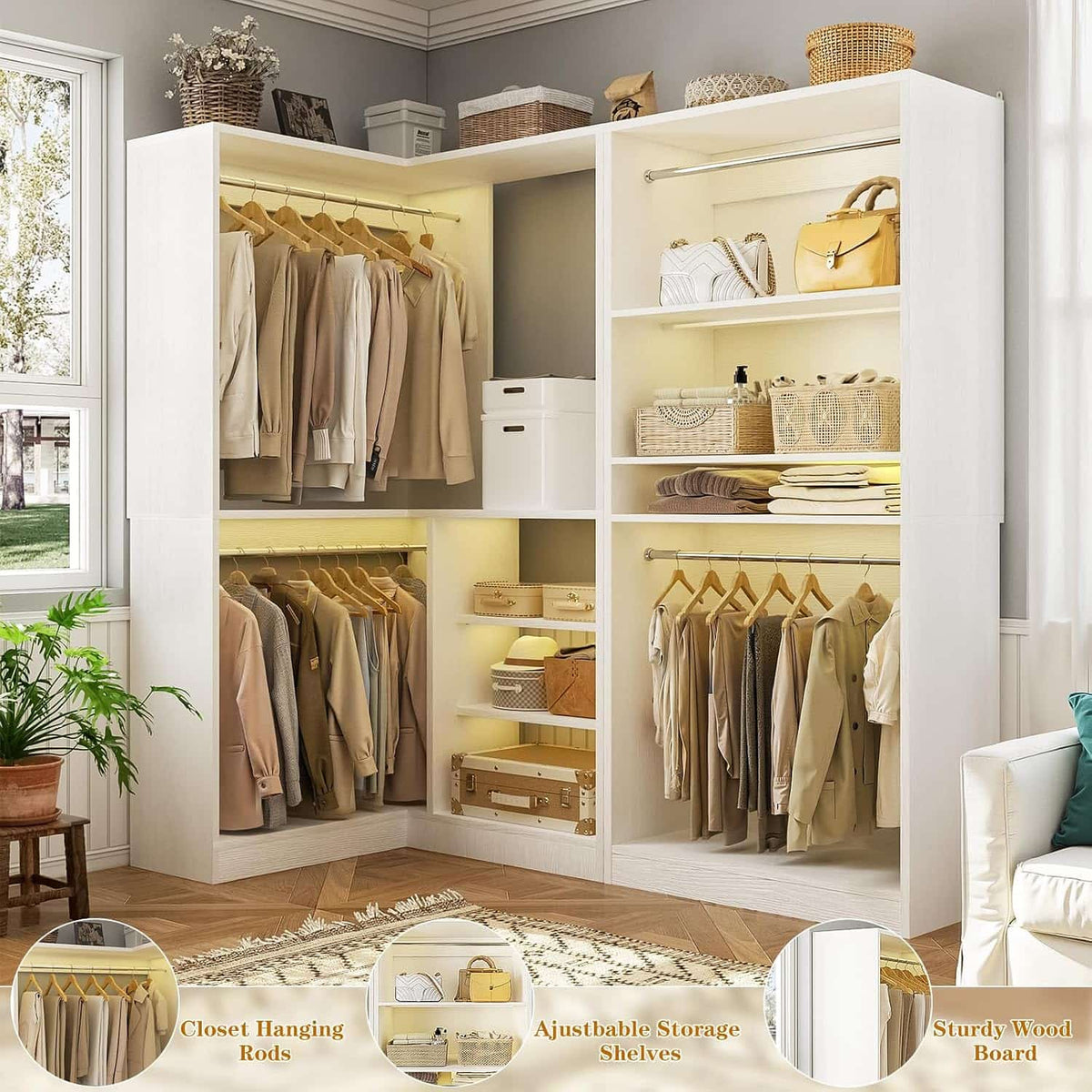 Corner Closet Organizer 2-Piece Set, 72''L x 36''W L Shaped Closet System with 4 Hanging Rods and Storage Shelves