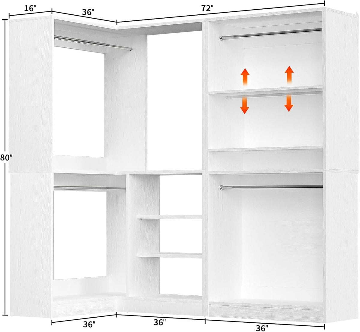 Corner Closet Organizer 2-Piece Set, 72''L x 36''W L Shaped Closet System with 4 Hanging Rods and Storage Shelves